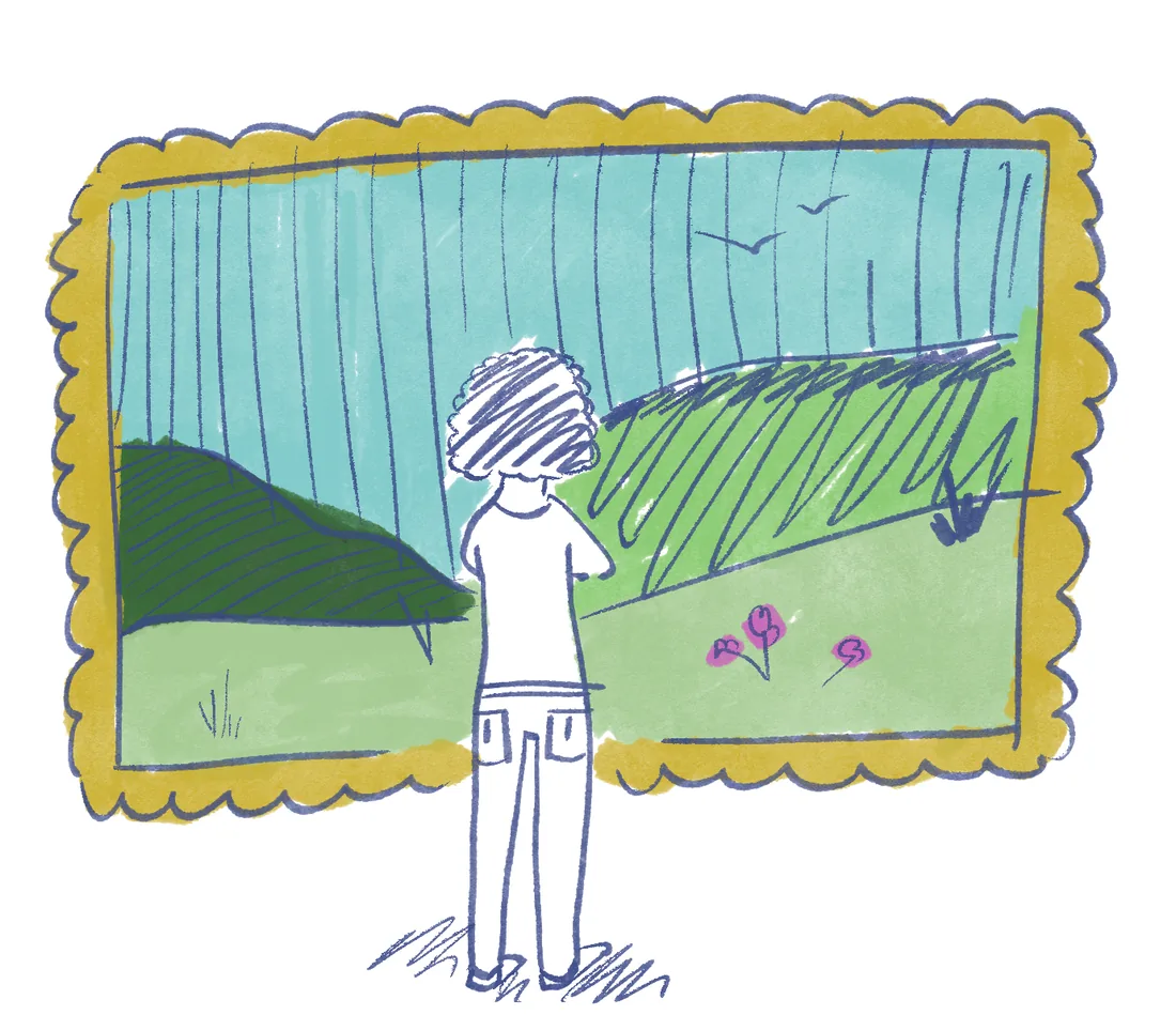 Illustration of a girl from behind, looking at a framed painting of a hillside landscape